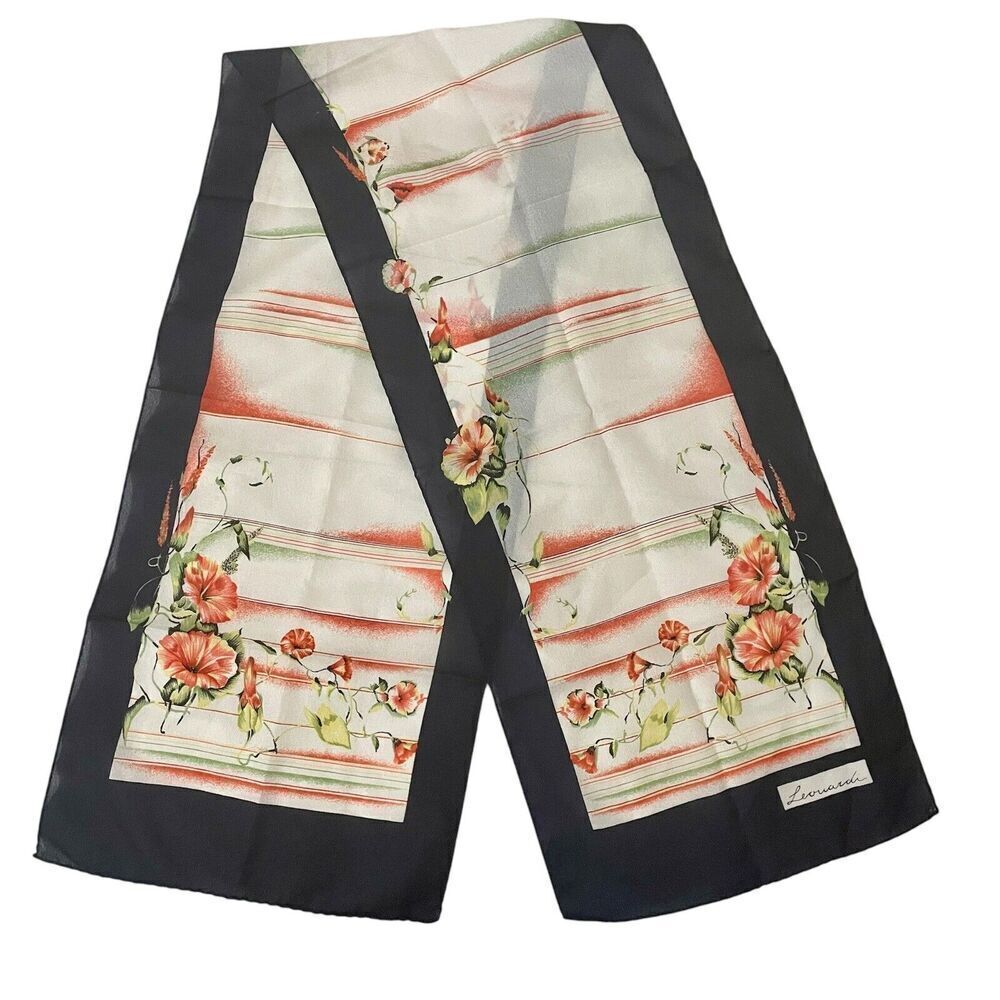 Vintage Leovardi Floral Print Scarf 11 X 52 Neck Head Bag Accessory Whit…